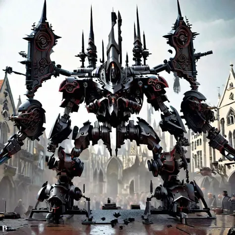 Gothic Battle Mech, with four legs and two arms, rotary cannons one both arms, spcrft, gothichorrorAI,