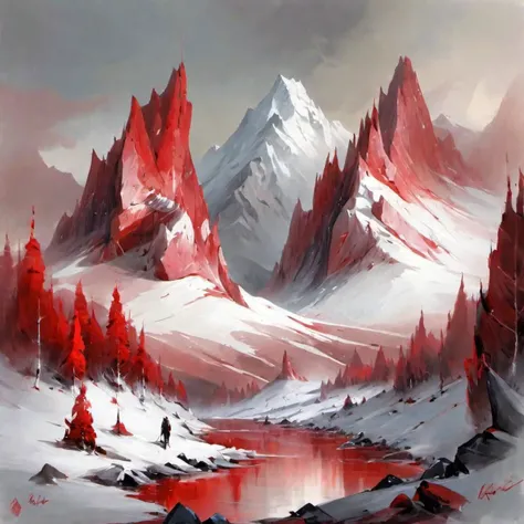 masterpiece, best quality, redice, red glacier, mountain, red theme