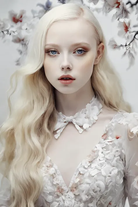 a woman with long blonde hair and blue eyes wearing a white dress