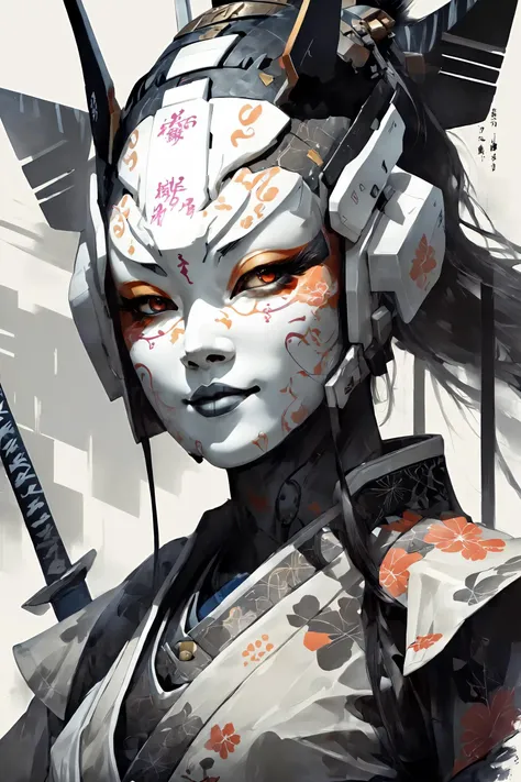 masterpiece, best quality, 1girl,  <lora:kwFemale_Beta40-SDXL_v1:1>, 
upper body, cyborg geisha samurai white face, symmetrical print, Ian McQue, Steven Klein, James Gilleard,hair cut, smile, black teeth, poster, masterpiece, hyper detailed