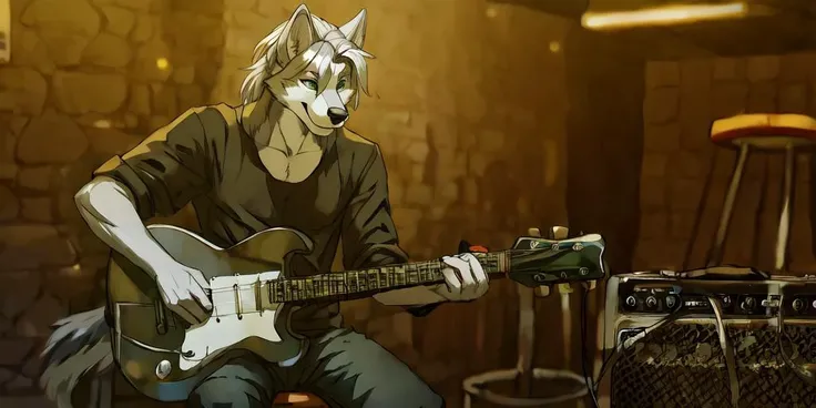 (solo andromorph:1.4),  (wolf), smiling,  (silver mohawk undercut), long silver hair,  tail, nsfw, explicit, green eyes, cocky, (slender:1.2),  tail, skinny,  black tanktop, black jeans, holding a guitar,
BREAK
interior, stool, sitting, (cinematic lighting...