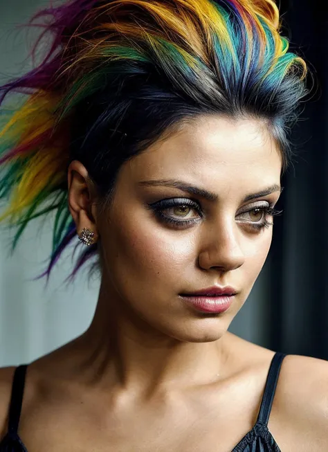 portrait of sks woman by Flora Borsi, style by Flora Borsi, bold, bright colours, rainbow Mohawk haircut, ((Flora Borsi)), <lora:locon_milakunis_v1_from_v1_64_32:1.25>