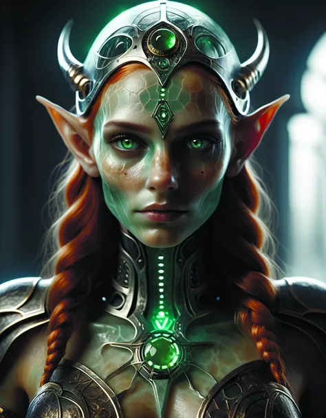 a close up of a woman with a horned head and green eyes