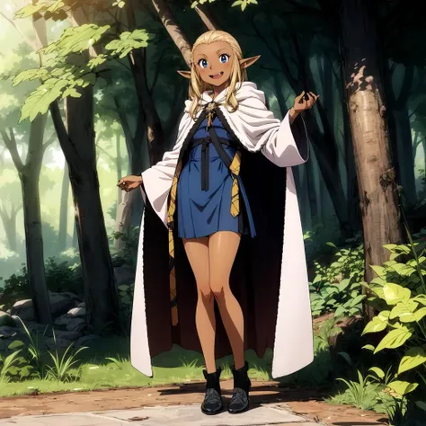 <lora:JessicaAlkirk001:0.7>,smile,fangs,
Jessica,1girl,
blonde hair,long hair,blue eyes,pointy ears,dark skin,
robe,cape,
long_skirt,shoes,
nature,
full body,