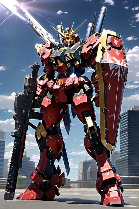 (gundam), (RRS:1.5),  (HRS:1.5), best quality, masterpiece, highly detailed, ultra-detailed,(blue sky:1.1), cloud, holding weapon, a (((mecha))) with sleek and menacing design, (mecha armor:1.5),glowing ,heroic parts, mechanical parts, (long legs:1.5),robo...