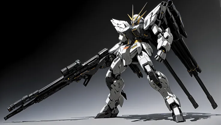 best quality, masterpiece,official art ,high resolution, extremely detailed,solo,(very wide shot:1.4),light and shadow, standing,full body,a (((mecha))) with sleek and menacing design, military, <lora:srd_v2:0.8> ,(MRS1.2),holding_weapon, long sniper rifle...