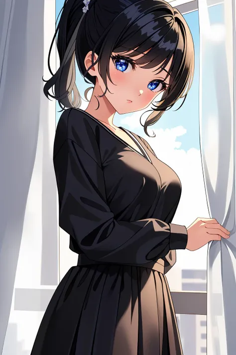 ((masterpiece, best quality, high quality)),1girl, (hospital), <lora:infirmary_v0.1:0.5> infirmary,  <lora:Kaede Sakata:0.7> (1girl, 3dcg 07, black hair, blue eyes, curtained hair, kaede sakata, low twintails, medium breasts, parted bangs, ponytail, short ...