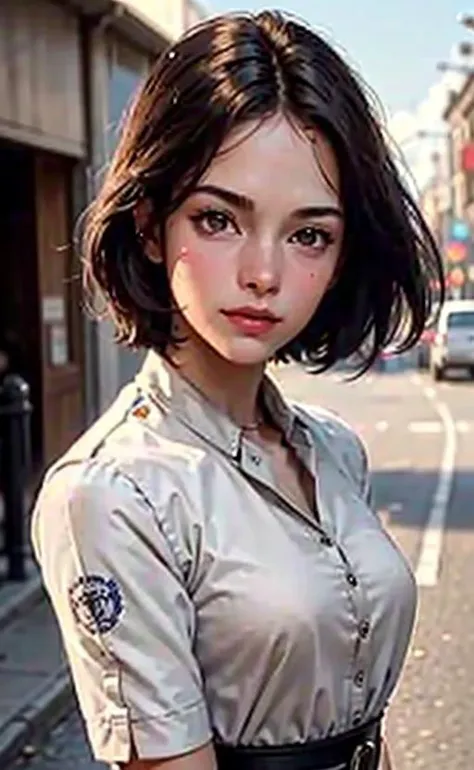 a hyper realistic ultra detailed photograph of a beautiful Deepika Padukone as a female 1900s mafia gangster on the street of 1900s Birmingham, detailed symmetric beautiful hazel eyes, detailed gorgeous face, peaky blinders environemt, polaroid style vinta...