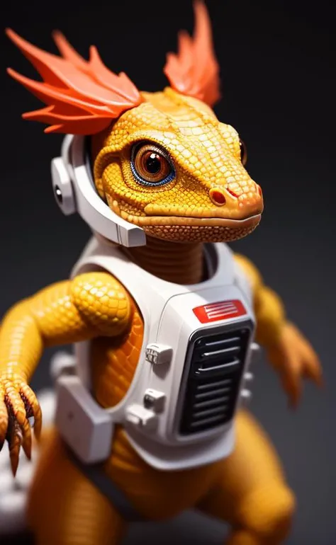 isometric view of a MINI cute hyperrealistic futuristic soldier lizard wearing an astronaut helmet. red skin. Cinematic, hyper detailed, brown GRADIENT background , highly detailed, zoomed out,