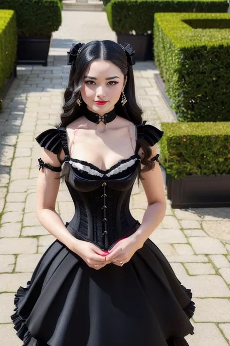 Ting2ASMR  Masterpiece, best quality, ultra high res, (face focus:1.2), (photorealistic:1.4) , fit, tiny waist,  blushing, pink cheeks, standing, (photo from above), tight corset, ( black Victorian style dress, beautiful face, makeup:1.4), Chateau de Versa...