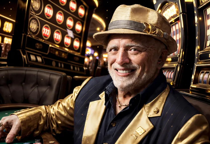 arafed man in a hat and gold jacket playing a game of poker