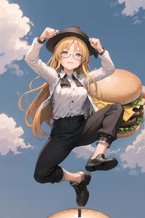 ((masterpiece)), (best quality), (detailed), (1 girl),  <lora:2R 12E CosineRestart Animefullpruned Locon Lycoris:0.8>,glasses,hats,burger, long hair,long pants, <lora:usoJump_v10:0.8>,vjump,jumping, cloud sky