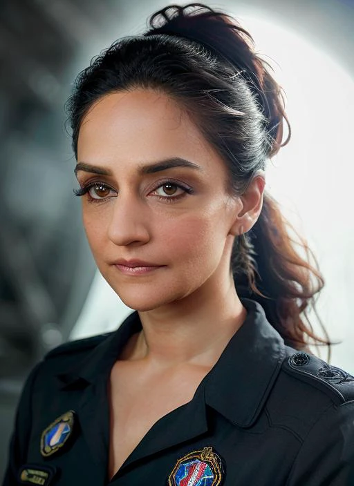 portrait of skswoman, afraid , wearing embroidered , with Ponytail , background lunar base, epic (photo, studio lighting, hard light, sony a7, 50 mm, matte skin, pores, colors, hyperdetailed, hyperrealistic), <lyco:Archie Panjabi:1.1>