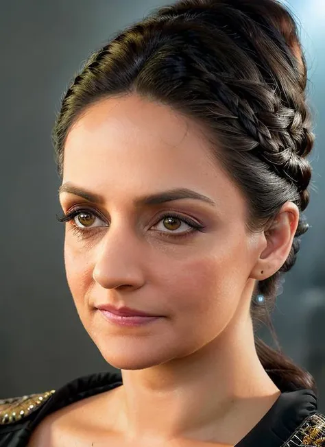 portrait of skswoman, frightened , wearing beaded , with Side braid , background airport, epic (photo, studio lighting, hard light, sony a7, 50 mm, matte skin, pores, colors, hyperdetailed, hyperrealistic), <lyco:Archie Panjabi:1.1>