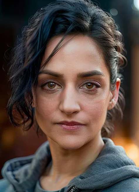 portrait of skswoman, crazy , wearing sweatshirt , with Blunt haircut , background alleyway, epic (photo, studio lighting, hard light, sony a7, 50 mm, matte skin, pores, colors, hyperdetailed, hyperrealistic), <lyco:Archie Panjabi:1.1>