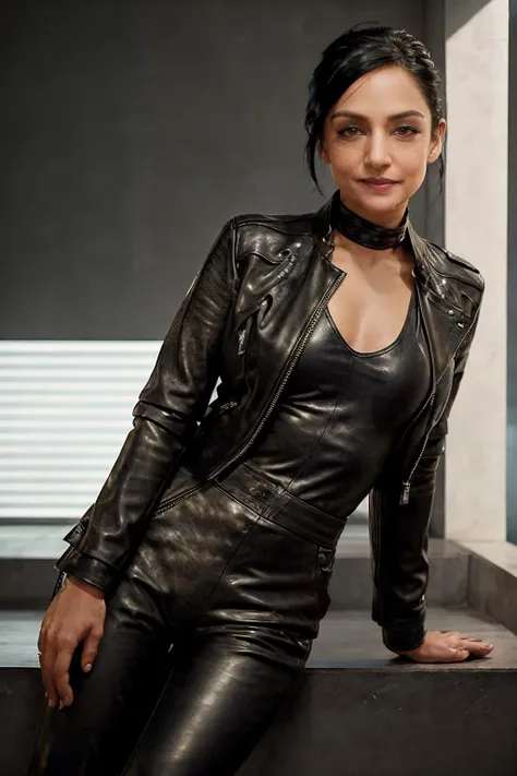 medium shot, photo of skswoman, One hand behind the head pose, wearing Leather Jacket and Wide-leg jumpsuit, in tank interior, looking smile, (look at viewer:1.0) (skin texture), Fujifilm XT3, DSLR, 50mm, <lyco:Archie Panjabi:1.1>