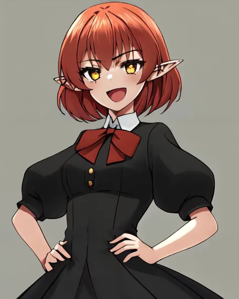 <lyco:Vamiro-NAI-LyCORIS-768px:0.8>
1girl, solo, vmro, short red hair, pointy ears, finely detailed black Victorian dress, short puffy sleeves, hands on hips, :D