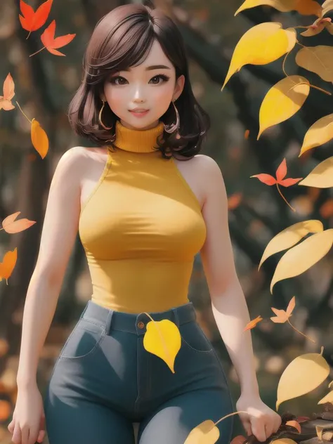 a beautiful woman wearing a turtleneck sleeveless top red, wearing pants yellow, autumn day, leaves falling