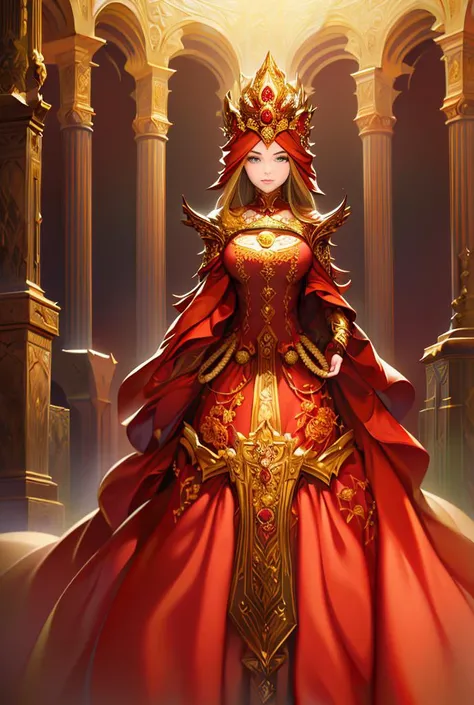 Masterwork Painting, Magnum Opus, 
 <lora:EricaCampbell-Shurik_RealPersonTraining_4LV2:0.75> ericacampbell, 1girl, embarrassed, commanding, regal, looking at viewer,
 <lora:FantasyRobes-11:0.6> fanro , ornate dress, hood, red, gold, cape, decorated belt, i...