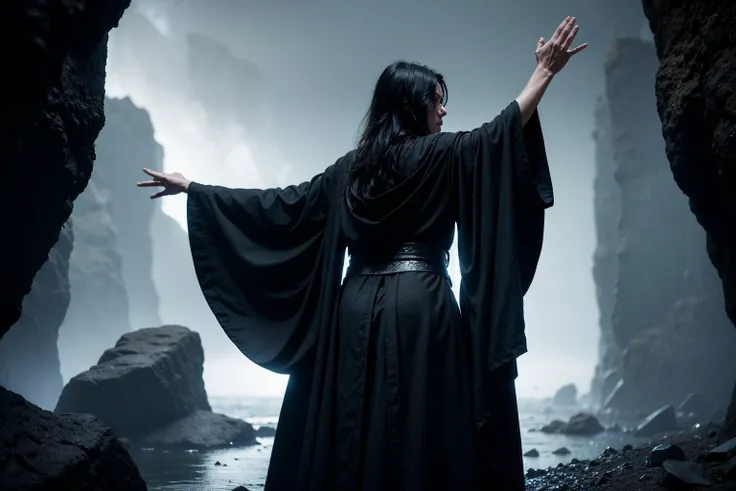 RAW portrait photo of  a male sorcerer with messy black hair, facing away from the viewer with his arms raised up to the sky, wearing a black robe with giant black sleeves FanRo<lora:FantasyRobes:.5>, standing on a stone platform in front of an altar in a ...