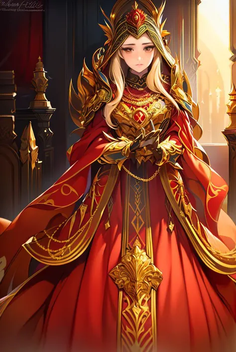 Masterwork Painting, Magnum Opus, 
 <lora:EricaCampbell-Shurik_RealPersonTraining_4LV2:0.75> ericacampbell, 1girl, embarrassed, commanding, regal, looking at viewer,
 <lora:FantasyRobes-11:0.6> fanro , ornate dress, hood, red, gold, cape, decorated belt, i...