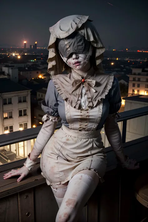 arafed woman in a costume sitting on a balcony with a city in the background