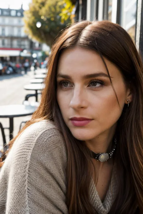 ayc piercing eyes, looking straight,long hair, wearing an gray sweater, choker, closeup portrait, in a outdoor cafe in 2015, afternoon light, <lyco:AyaCash-RealVision-V1.0:1.0>