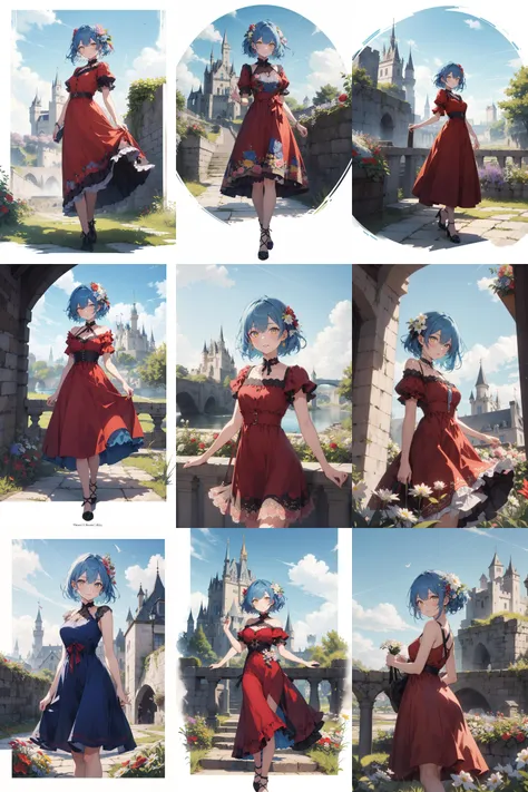 <lora:concept_master_1.0:1> 1girl ,blue hair,yellow eye,red dress,castle,sky,flowers,((looking at viewer)),[(background:1.4)::5] tbcc illustration