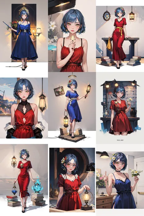 <lora:concept_master:1:ok> 1girl ,blue hair,yellow eye,red dress,stone,lamp,flowers,((looking at viewer)),[(background:1.4)::5]