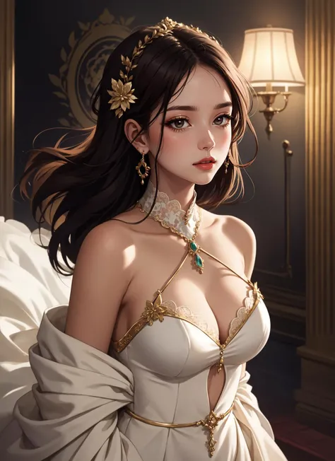 Portrait of a captivating woman, her piercing gaze capturing hearts, BREAK, Attire: Elegant dress adorned with intricate lace details, accentuating her feminine curves with a daringly low neckline, BREAK, Mood: A delicate balance of confidence and vulnerab...