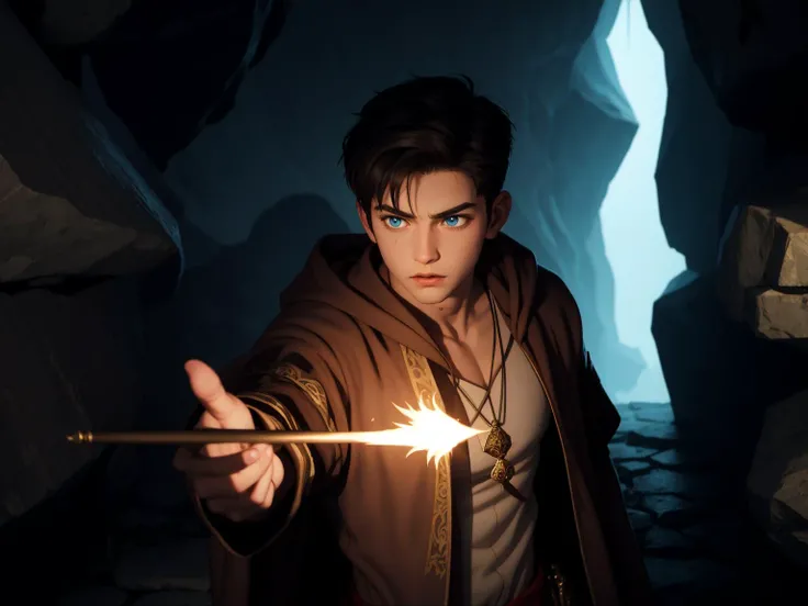 Location: Dark cavern, ominous shadows, ancient runes etched on the walls, BREAK
Character: Pretty boy spellcaster, harnessing arcane powers, BREAK
Clothing: Robes adorned with arcane symbols, a staff crackling with mystical energy, an amulet for channelin...