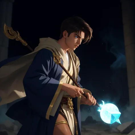 Place: Sacred temple, ancient ruins, glowing runes, BREAK
Character: Battle mage, donning ornate robes adorned with mystical symbols, channeling arcane spells, BREAK
Clothing: Flowing robes in deep indigo with intricate gold embroideries, a staff crackling...