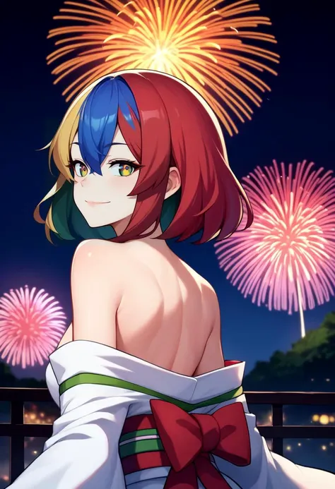 a woman in a dress with fireworks in the background