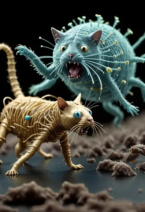 STM Scanning tunneling microscope photo of  metal cat chasing the tardigrades and bacteriophage,  chaos,  highly detailed.