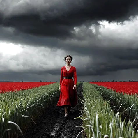 Evocative photograph depicting she storms through the fields, with her eyes painted red, under a black belly of cloud in the rain, thematic movie still, evocative, cinematic lighting, atmospheric