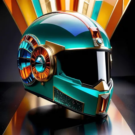 Redesign of a motorcycle helmet in an art deco style, opulent and extravagant, geometric forms, curvilinear forms, bold colors, design and setting should represent made from crystal, cs-cr1stal-v27-1000, 8k uhd, ultra-sharp focus, award winning