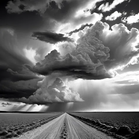 Breathtaking large format photograph evocative of its a kind of magic, eye-catching focal point in foreground, black and white, landscape, leading lines, evocative, breathtaking, detailed, dramatic skies, nature, detailed clouds, carefully composed, meticu...