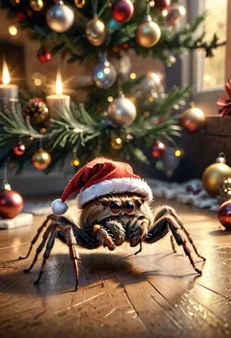 a close up of a spider with a santa hat on it's head