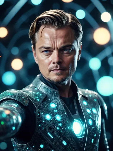 mesmerizing (realistic film still:0.95) with squinting organic android with face of Leonardo Dicaprio holding a small futuristic rocket model in his outstretched hand, translucent (bio-luminescent tissues:1.05), (Voronoi pattern, depth of field, (swirly bo...