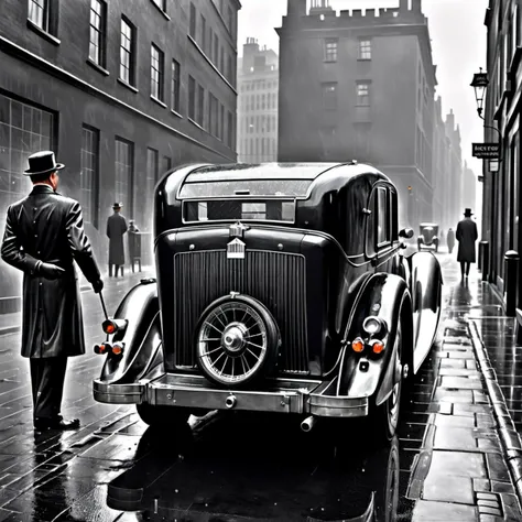 [grayscale : vivid: 16] painting depicting a silver (elongated:1.3) 1934 Rolls Royce Phantom II Continental on the streets of 1930s London, rear view, rainstorm, visible rain, dark sky, man holding umbrella in background, by Bill Sienkiewicz, highly detail...