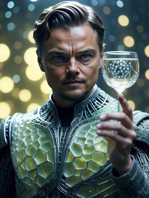 mesmerizing (realistic film still:0.95) with squinting organic android with face of Leonardo Dicaprio holding a glass with artificial eyes in his outstretched hand, translucent (bio-luminescent tissues:1.05), (Voronoi pattern, depth of field, (swirly bokeh...