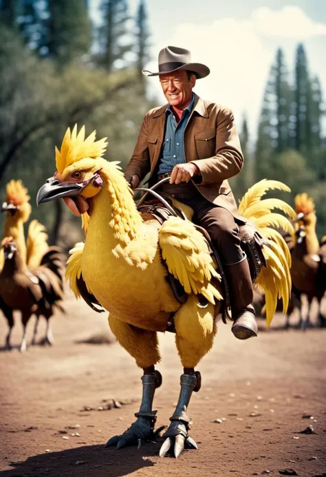 35mm cinematic photo, john wayne riding a ((("highly accurate chocobo with two legs"))) in a vintage 1950s western, wide angle lens, bokeh, colorized