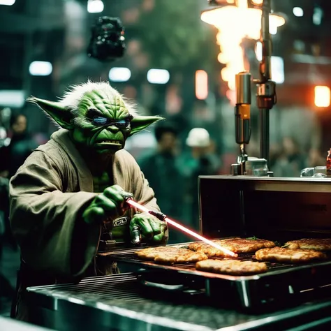 analog film photo cyberpunk style scenery of ([master yoda:hulk:0.5]:1.13) making barbecue with light saber, (cybernetic implants, light saber with cyberpunk glitch, cyberpunk goggles:1.125), body modification, LED eyes Futuristic, cyberpunk, depth of fiel...