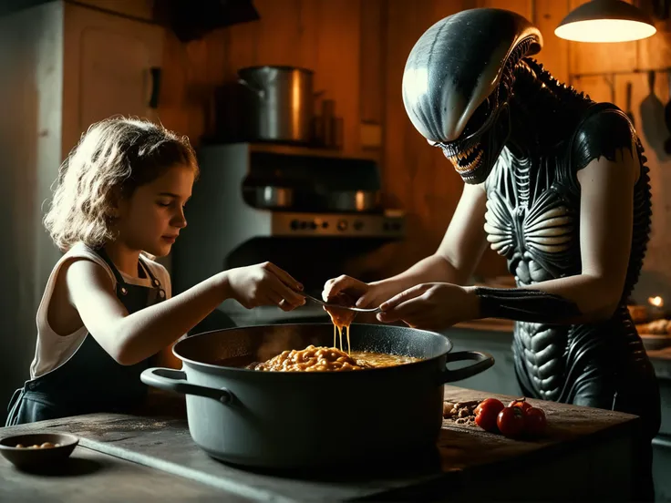 (perfect feminine hand, correct fingers, realistic hand gesture:1.525), full body shot cinematic still, (disgusting goo:0.8), raw photograph of (xenomorph mother:1.15) teaching (cute 14yo daughter:1.25) to cook a stew, grain barn interior, (fine art parody...