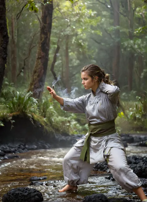 (Pure innocent adult woman wearing iridescent kung-fu master outfit is posing in offensive stance:1.1). This serene portrait captures a moment of quiet introspection in nature. The young woman is surrounded with mossy rocks beside a gently flowing (stream ...