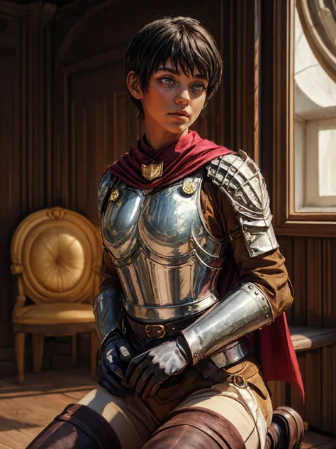 a woman in armor sitting on a chair in a room