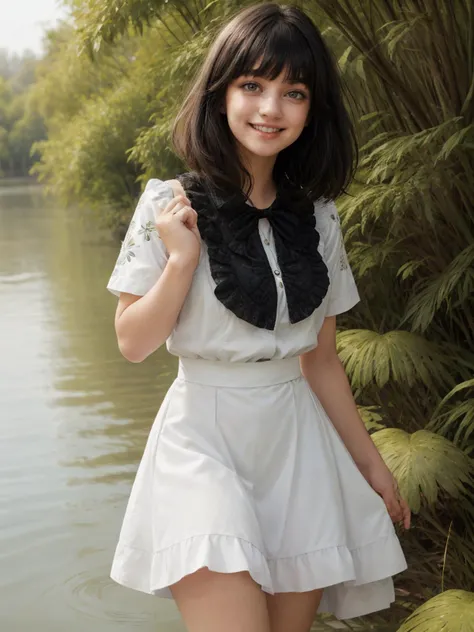 1girl, bob cut, bangs, black hair, frilled shirt, long skirt,  grey eyes, floral print, outdoors, index finger raised, ((floating hair)) light smile, 
masterpiece, best quality, intricate detail      <lora:skin_slider_v1:0.5> <lora:skinny_new_skin:0.5>  de...