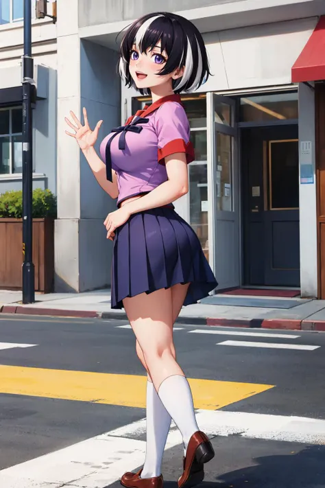 masterpiece, best quality, 1girl, solo <lora:hanekawa-nvwls-v1-000008:0.9> altTsubasa, multicolored hair, short hair, purple eyes, large breasts, school uniform, short sleeves, pink shirt, pleated skirt, from side, walking, looking at viewer, waving, :D, s...