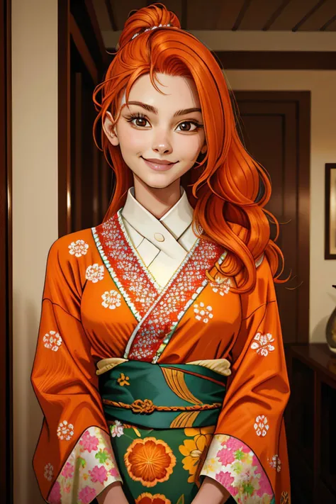 close range of realistic photo of <lyco:sd15_NicolaCavanis_loha_64_v1:1> NicolaCavanis, focus on smiling face, wearing a double vertical stripe kimono , her Orange peel color hair is styled as Straight Pinned Back Waves,