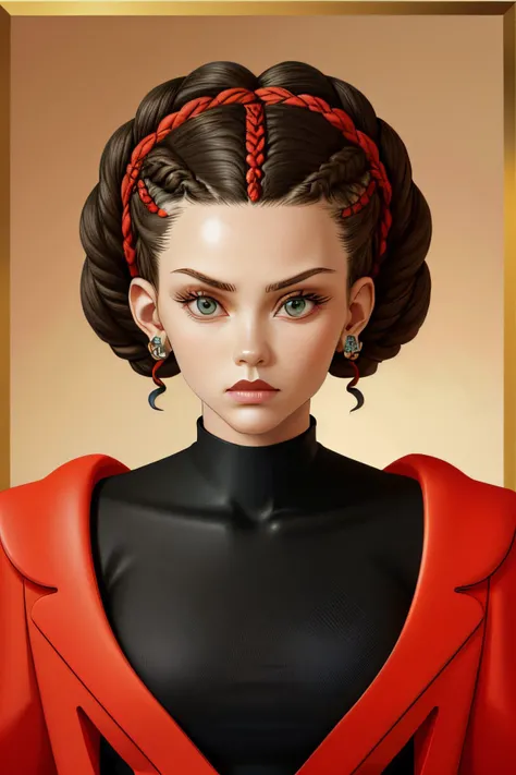 (constructivist design, geometric, bold, Russian art, highly detailed:1.15), (medium shot:1.4), <lyco:sd15_NicolaCavanis_loha_64_v1:1> NicolaCavanis, Dark coral color hair styled as Curly Crown Braid